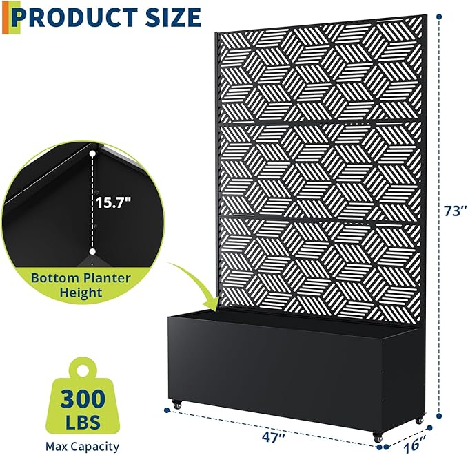 Large Metal Raised Garden Bed Planter Box with Trellis – Deep 15.7 Movable Outdoor Flower Box Privacy Screen Drainage Holes – 118x40x180cm Mosaic Design with Wheels