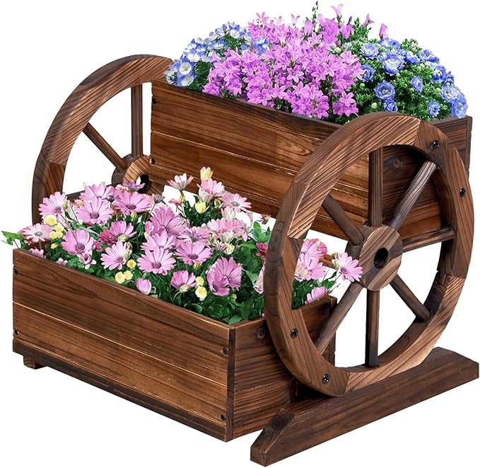 La Vane Wood Wagon Planter Box Wooden Rustic Garden Flower Planter Pot Stand DIY Rolling Cart Wheelbarrow Raised Bed with Wheels &amp Drainage Hole for Indoor Outdoor Décor Patio Balcony Backyard