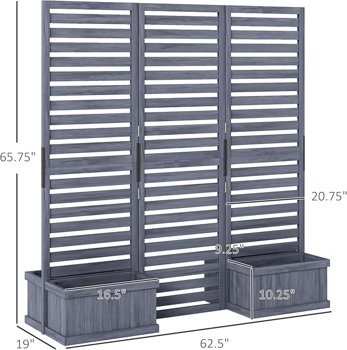 Outsunny Freestanding Outdoor Privacy Screen 4 Self-Draining Planters/Raised Garden Beds 3 Hinged Panels for Hot Tub Patio Backyard Deck Gray