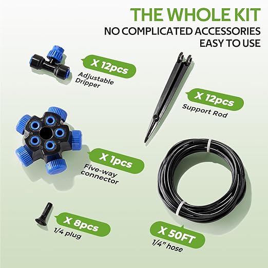 HIRALIY 50FT Garden Drip Irrigation Kit Automatic Watering System with 5-Way Connector Quick Connectors Adjustable Drippers Raised Bed Patio