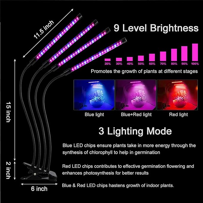 Professional Led Plant Growth Light Timer with 3/9/12 Hours USB Power Supply to Time Dimming 3-Segment Dimming Foldable Lamp Arm
