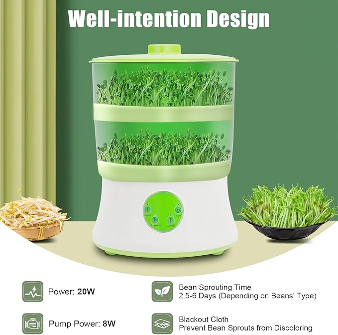 2-Layer Automatic Bean Sprouter Machine 20W Automatic Sprouts Growing kit with 3 Seasonal Modes &amp Auto Watering Seed Growing Machine for Mung Soy Radish (Green)