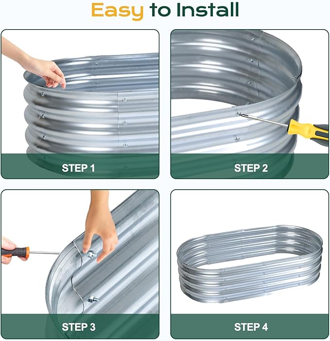 Aoodor Galvanized Raised Garden Bed Kit 4 x 2 x 1 Ft Oval Planter Box for Vegetables Flowers Herbs Outdoor Use Silver