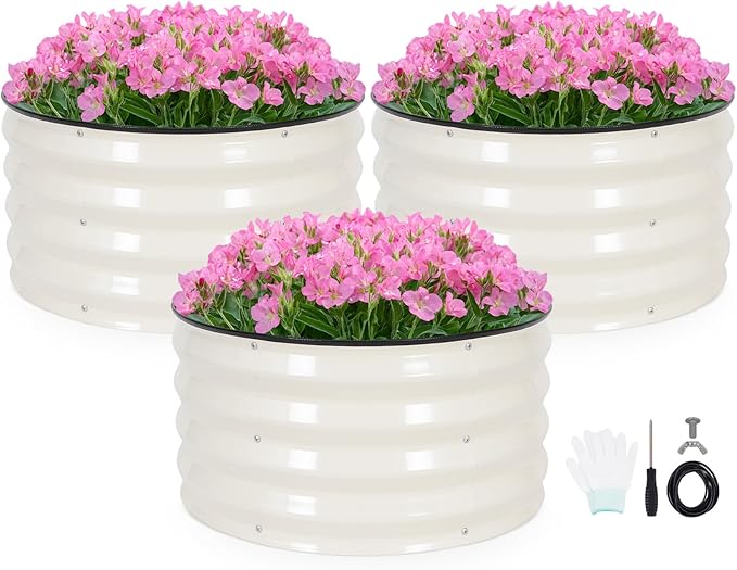 INNO STAG 3 Pcs Round Galvanized Raised Garden Bed — 2×2×1ft Planter Box Outdoor Raised Beds Kit for Gardening Vegetables Fruits Herbs and Flowers White