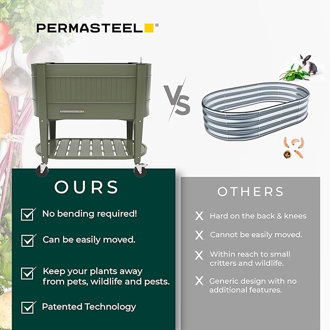 Permasteel Raised Garden Bed with Legs Planter Box with EnGrow™ TrueSoil™ Technology for Vegetables Flowers Herbs and Fruit Outdoor Indoor Storage Shelf Caster Wheels Green