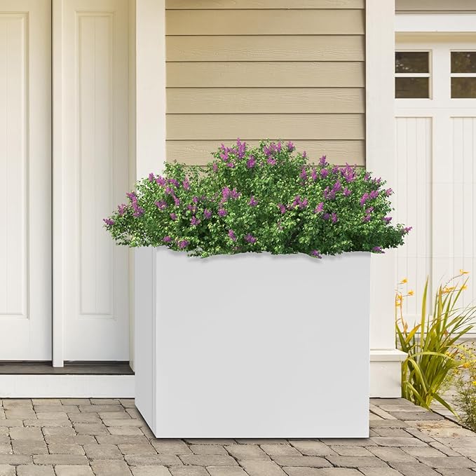 Raised Garden Bed 24 * 24 * 24in Steel Metal Square Planter Box for Indoor Outdoor Balconies Gardens Decks Patios Decks Front Porches (White)