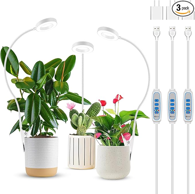 Grow Lights for Indoor Plants Full Spectrum Clip on Plant Lights for Indoor Growing White Halo Grow Lamp 3 Pack with 360° Gooseneck 6/12/16H Timer 3 Light Modes 5 Dimmable