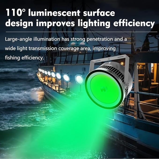 110V-330V 1000W Large Fish Collector Light Abovewater Marine with 6.5Ft Power Cable Green LED Waterproof Spotlight 170KLM Lightning-Proof Fishing Light for Fishing Boats Sea Fishing Tunas and More