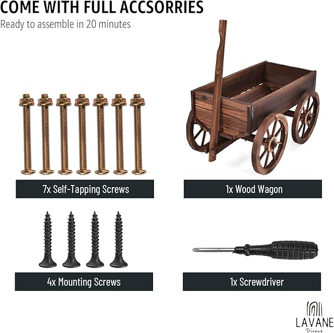 Wood Wagon Movable Planter Box LA VANE Wooden Rustic Garden Flower Pot Stand DIY Rolling Cart Wheelbarrow Raised Bed with Wheels &amp Drainage Hole for Indoor Outdoor Décor Patio Balcony Backyard