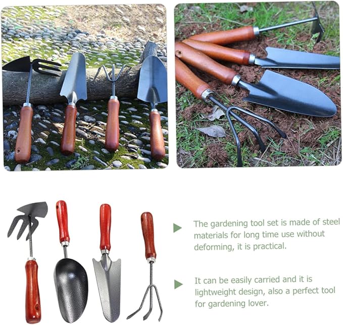 Garden Tool Set 4pcs with Small Garden Spade Soil Scoop Handheld Trowel and Dual-use Hoe for Digging and Planting Mini Iron Gardening Tools for Flower Pots and Vegetable Beds