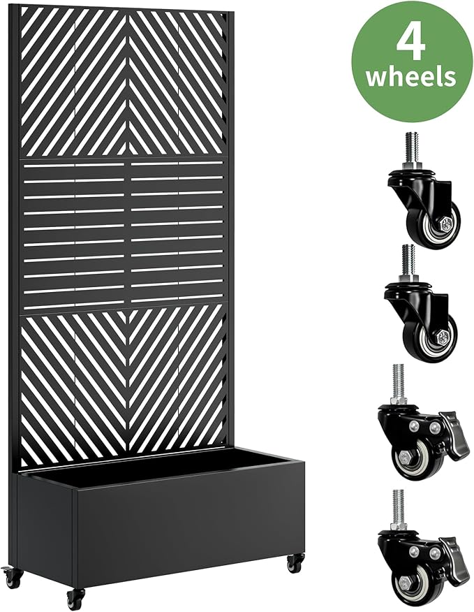 73'' Metal Raised Garden Bed with Trellis Planter Box Outdoor with 4 Wheels &amp Privacy Screen Galvanized Raised Beds Planters Flower Box for Climbing Plants Vegetables (Black1)