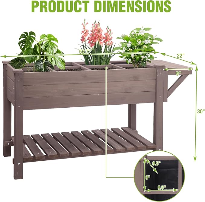 GUTINNEENRaised Garden Bed with 8-Zone Planting Grid - Wooden Elevated Planter Box Locking Wheels &amp Side Workbench for Outdoor Plants Herbs and Flowers