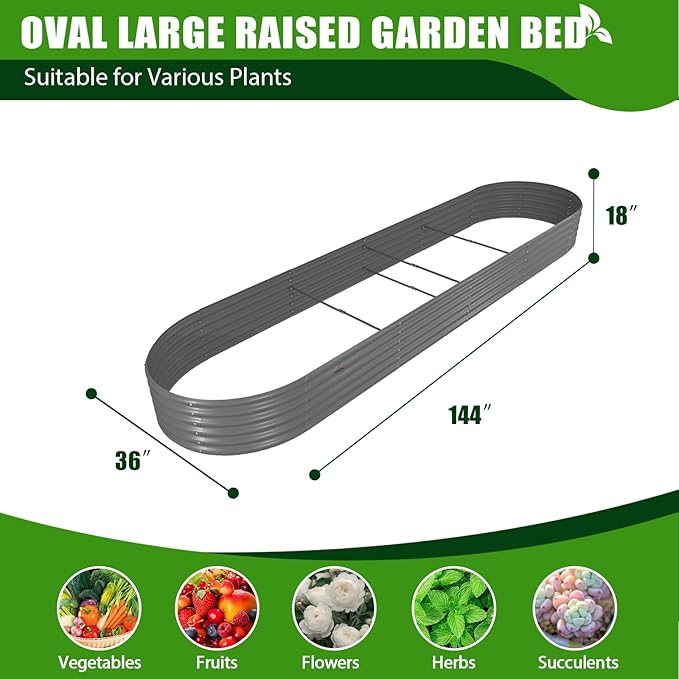 A ANLEOLIFE 3 Pcs 12X3X1.5 ft Oval Extra Large Galvanized Raised Garden Beds Outdoor for Planting Vegetables Flowers Herb Quartz Grey
