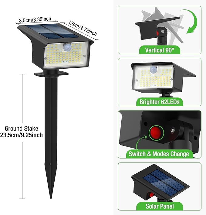 3 Pack Solar Spot Lights Outdoor Motion Sensor 3 Modes 62LED Motion Sensor Outdoor Lights 2-in-1 Solar Spotlights Outdoor Waterproof Auto On/Off Solar lights for Outside Yard Garden Wall Pathway