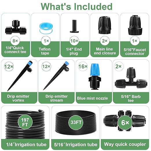 230FT Drip Irrigation SystemAutomatic Garden Watering System with 1/4 &amp 5/16 Tubing Adjustable Spray Nozzles &amp Sprinklers for Garden Greenhouse Lawn Potted Plants