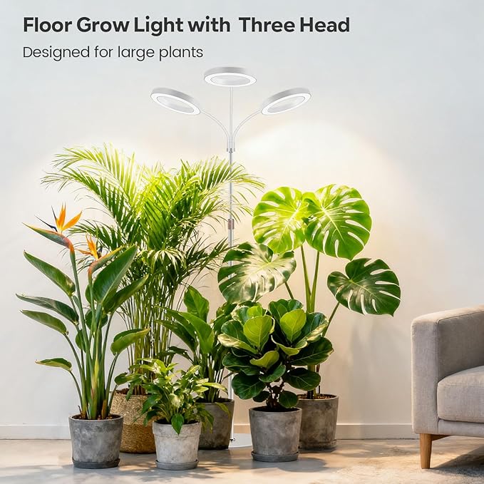 Garpsen Floor Plant Light Full Spectrum 252 LEDs Grow Light for Indoor Plants with Base 3 Color Modes &amp 5 Dimmable Timer 6/12/16H Grow Lamp with 67''Height Adjustable 3-Head-White