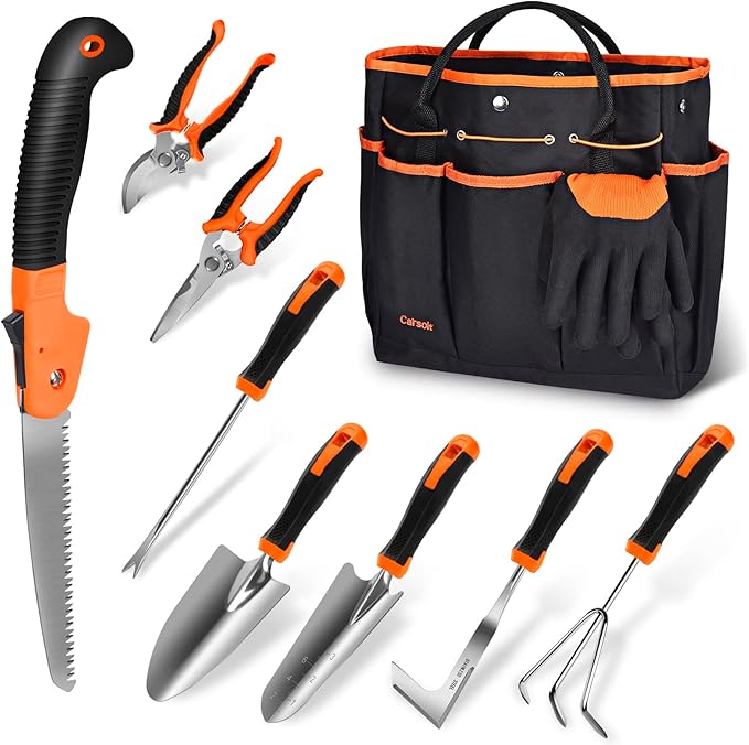 Garden Tools Set Carsolt 10 Piece Stainless Steel Heavy Duty Gardening Tools Set for Planting Pruning Gardening Kit with Durable Gardening Bag Gloves Gift Box Ideal Garden Gifts for Women Men(Orange)