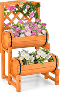 Giantex Raised Garden Bed with 2 Barrel Planters &amp Trellis 2-Tier Freestanding Wooden Raised Bed for Vegetable Flower Fruit Indoor Outdoor Plant Box for Garden Yard Balcony