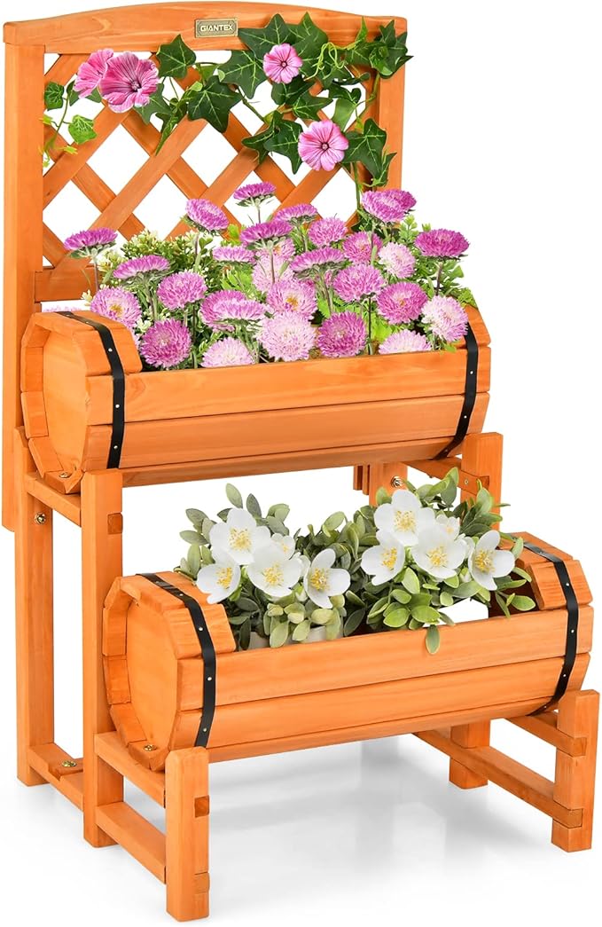 Giantex Raised Garden Bed with 2 Barrel Planters &amp Trellis 2-Tier Freestanding Wooden Raised Bed for Vegetable Flower Fruit Indoor Outdoor Plant Box for Garden Yard Balcony