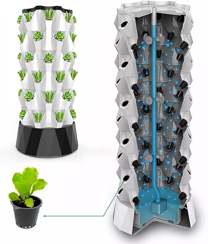 Vertical Planter Tower Hydroponics Growing System for Indoor Herbs Fruits and Vegetables with Hydration Pump Adapter Seedbed and Net PotsBlack-48Pots
