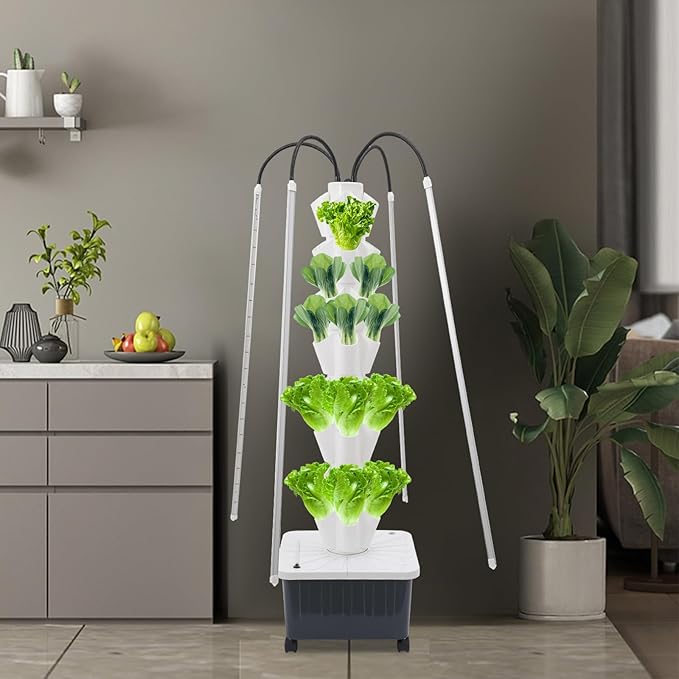 Hydroponics Growing System with Grow Light - 40-Plant Indoor Vertical Garden Planter with Pump and Wheel Hydroponic Tower for Gardening Lovers (White)