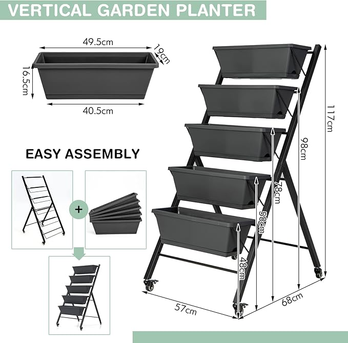 S AFSTAR 5-Tier Vertical Garden Planter Raised Garden Bed with 2 Lockable Wheels 7 Removable Planter Boxes Metal Frame Indoor Outdoor Elevated Planting Box for Flower Vegetables Fruit Herbs