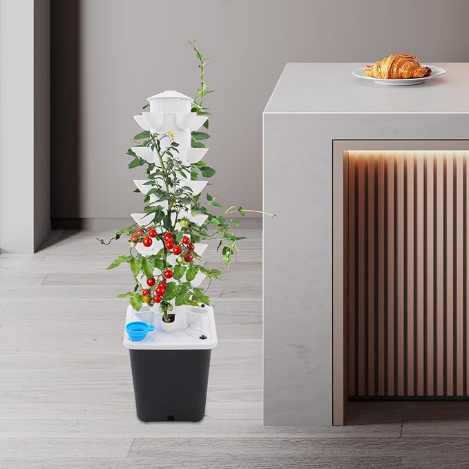 7-Tier Hydroponic Growing Tower System 35 Holes Vertical Indoor Garden with Water Pump White and Grey 96cm Height for Home Balcony Herb Vegetable Planting (White)
