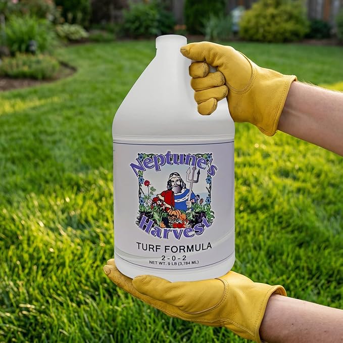 Neptune's Harvest Turf Fertilizer (2-0-2) - 9 LB Bottle - Fish &amp Seaweed-Based Lawn Food Formula - Organic Liquid Fertilizer for Lawn &amp Seed - Ideal for Flowers Vegetables Trees &amp Shrub