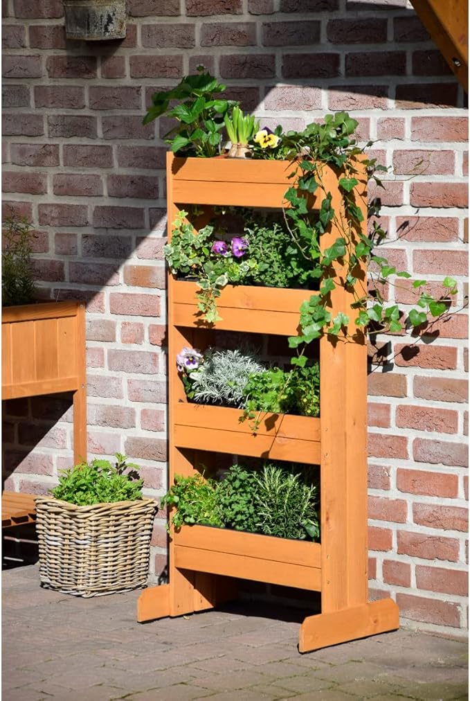 dobar® 58372FSCe Vertical Flower Bed Solid Wood | Vertical Raised Bed with 4 Planters | Vertical Bed for Garden/Patio/Balcony | Flower Stairs Including Plant Film | 55 x 40 x 125 cm | Brown