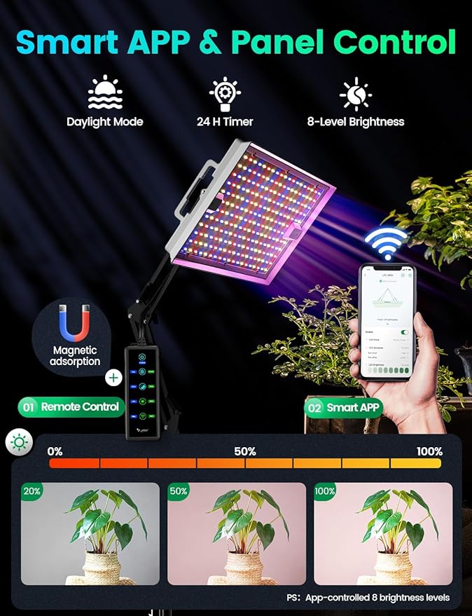 LETPOT 100 Watt (Max 120W Output) Grow Lights for Indoor Plants Full Spectrum Smart APP 8-Level Adjustable Light Hanging &amp Standing 270° Foldable 360° Rotation 2x33x418000 Lumens High ppf