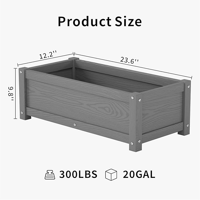HDPE Planter Box All-Weather Outdoor Garden Bed Easy to Assemble Drainage System Low Maintenance Non-Fading for Flower/Herb/Seed (Gray)