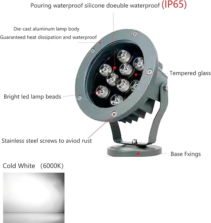 Kiven LED Plug-in Landscape Waterproof Downlight 9W LED Decorative Spotlight Lamp 110V with Plug for Indoor Outdoor Wall LightingIn-Ground Outdoor Landscape Lighting for Patio Pathway Lawn（6000K）