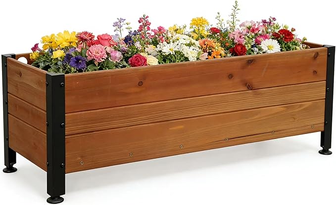 Wooden Rectangular Flower Box with Short Iron Legs Planting Bed for Flowers and Vegetables Suitable for Garden and Balcony. Dimensions: 27.56 * 13.9 * 12.5 inches