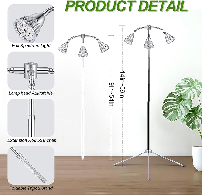 Grow Lights with 3 Heads for Indoor Plants 10-55 Inches Height Adjustable Aluminum Alloy Full Spectrum Plant Growing Lamps with Detachable Tripod Stand Auto On/Off Timer