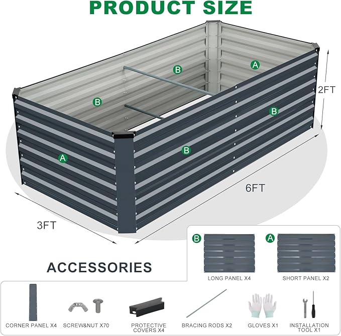 STBoo 6x3x2FT Galvanized Raised Garden Bed Outdoor Metal Raised Planter Box for Vegetables Elevated Rust-Resistant Rectangle Gardening Container Kit with Reinforced Panels for Backyard Patio(Grey)