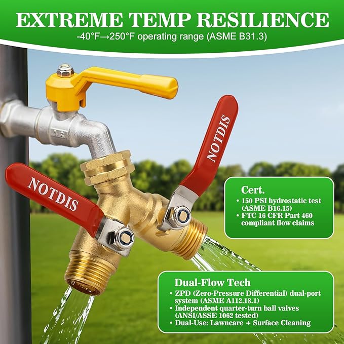 Hose Splitter 2 Way Heavy Duty Brass Garden Hose Splitter with 304 Stainless Steel Long Handle Outdoor Full Flow Hose Splitter ConnectorY Valve 3/4 Inch GHT Thread