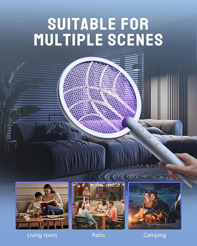 Electric Fly Swatter Racket 4000V Bug Zapper with 1800mah Rechargeable Battery &amp Dual Modes 2 in 1 Purple Mosquito Light Killer with 3-Layer Safety Mesh for Indoor Home Patio Camp(1 Pack)