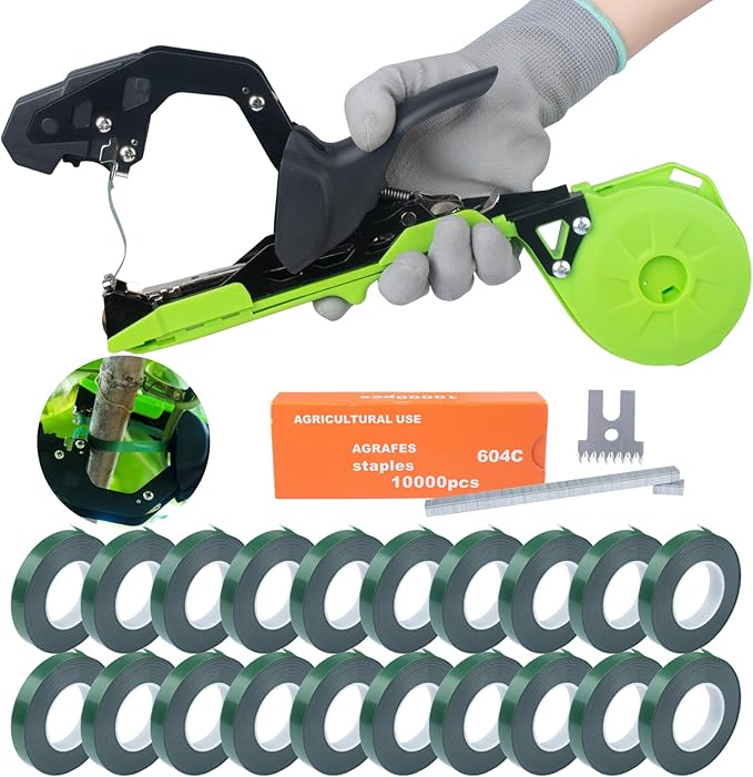 Plant Tying Machine - Lightweight Garden Plant Tie Tool Gardening Tape Gun with 23 Rolls Green Tape &amp 10000 Staples for Tomatoes Peppers Grapes Vining Vegetables