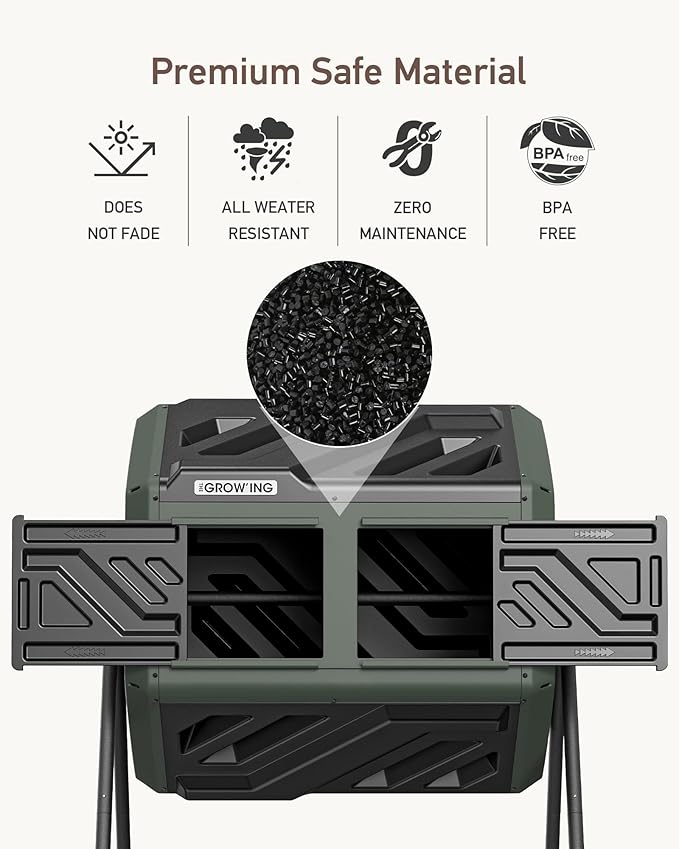 THEGROW'ING Updated 43 Gallon Compost Bin Outdoor Fast Assemble Tumbling Composter Dual Chamber Composter Tumbler Rotating Compost Bin for Outside Backyard Garden and Yard Green