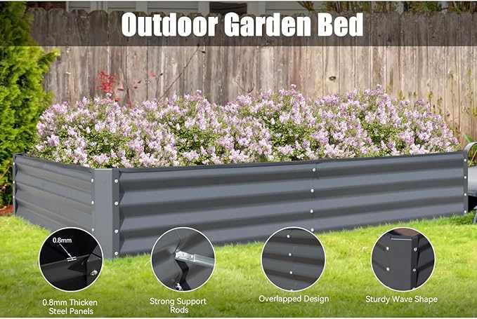 8X4X1 Ft Galvanized Raised Garden Bed Metal Planter Box for Vegetables Flowers &amp Herbs - Gray