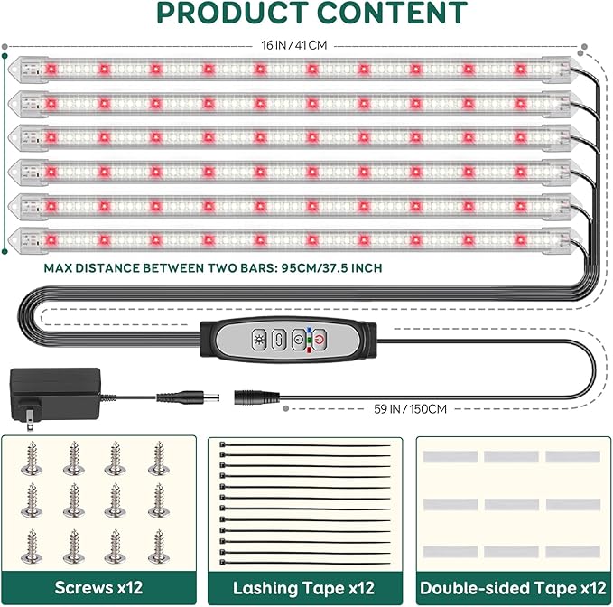 6-Bar Grow Light Strips for Indoor Plants 16 Full Spectrum Plant Lights 6500K Sunlike Grow Lights with 6/12/18H Timer 5-Level Dimmable for Indoor Growing
