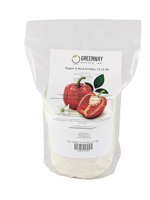 Greenway Biotech Inc. Pepper &amp Herb Fertilizer 11-11-40 Powder - Water Soluble with Chelated Micronutrients for Hot &amp Bell Peppers Basil - Hotter Peppers Aromatic Herbs - Hydroponics &amp So