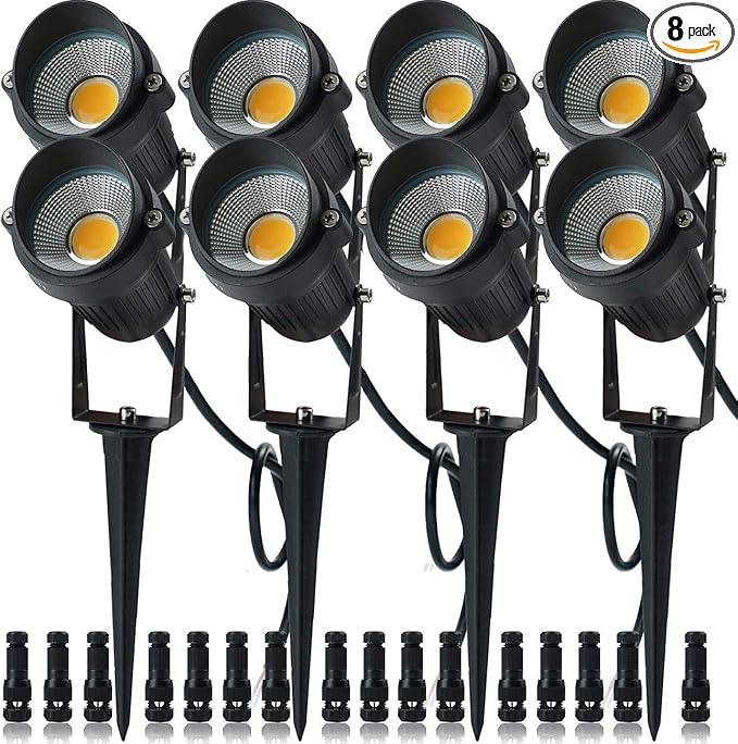 5W Low Voltage LED Landscape Lights12V/24V AC/DC Landscape LightingOutdoor Lawn Tree Flag Spotlights with Spike StandIP65 Waterproof Garden Pathway Lights (8 Pack Warm White with Connector)