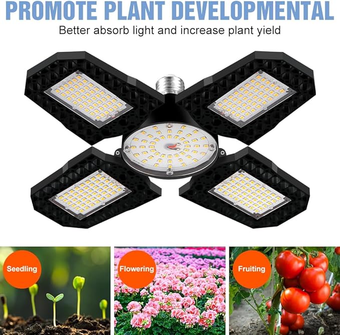 2Pack LED Full Spectrum Plant Bulb E26/E27 Foldable Planting Grow Lights Sunlight 100W Indoor Hydroponic Fill Light Four Leaf Deformable UV/IR Red Blue Cultivation Lamps 110V Greenhouse Tent Lighting