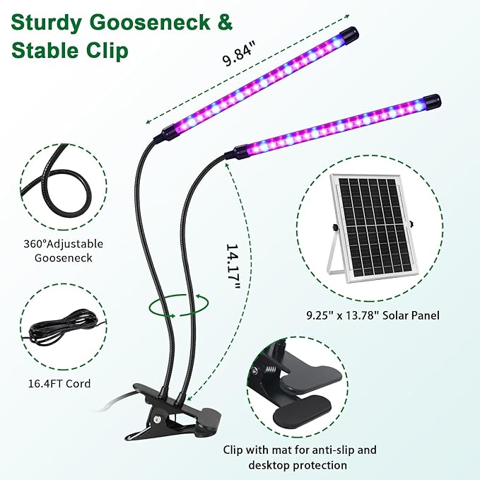 Solar Grow Lights with Batteries 2 Heads Clip Plant Growing Lamp with Red Blue Spectrum for Indoor Plants 3/9/12H Timer 3 Dimmable Level Adjustable Gooseneck3 Switch Modes Auto On Off