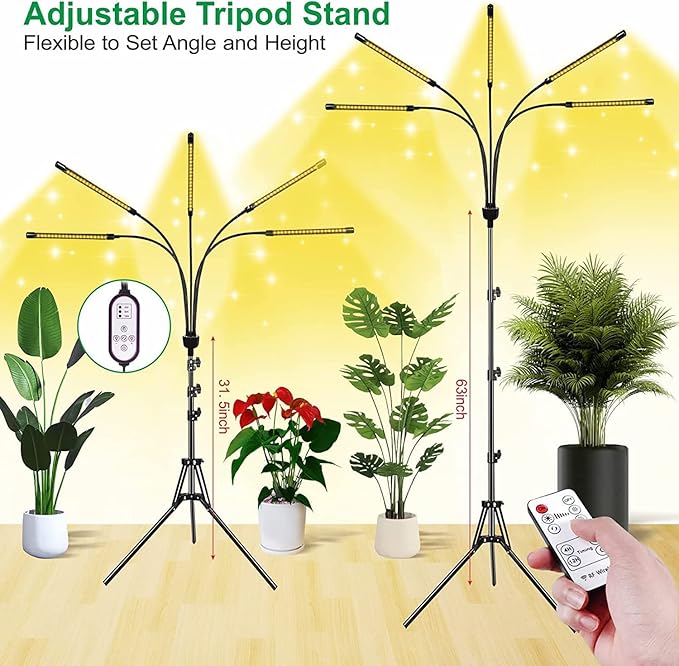 5-Head Adjustable LED Lights Full Spectrum Grow Lamp with Timer Warm White Light for Indoor Plants
