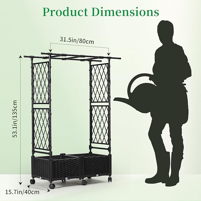 Planter Box with Trellis Outdoor 53.1in Plastic Raised Garden Bed with Trellis Hanging Roof for Vine Flower with Lockable Wheels &amp Drain Plug for Patio Backyard Balcony Black 1 Pc