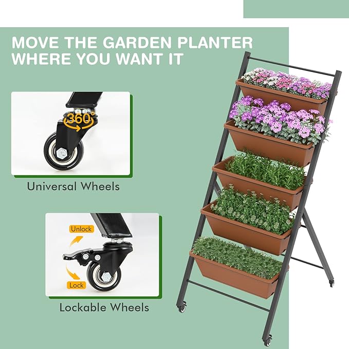 S AFSTAR 5-Tier Vertical Garden Planter Raised Garden Bed with 2 Lockable Wheels 5 Removable Planter Boxes Metal Frame Indoor Outdoor Elevated Planting Box for Flower Vegetables Fruit Herbs