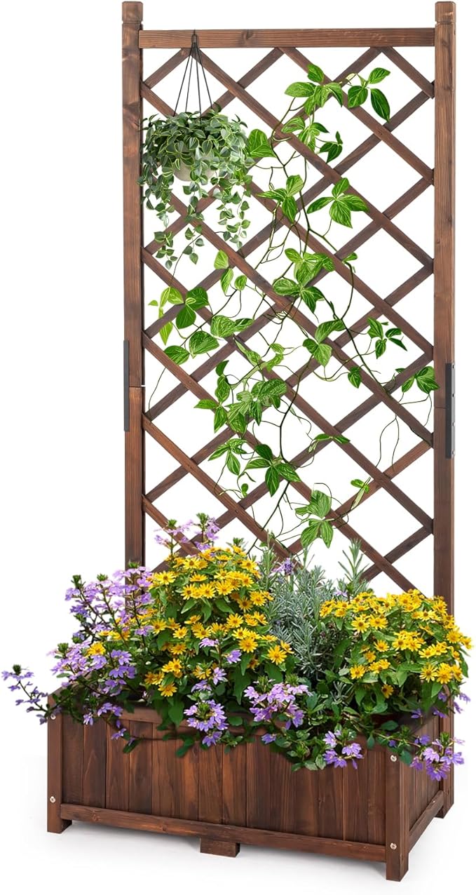 67 Outdoor Garden Flower Standing Planter BoxWood Planter Raised Garden Bed with TrellisIndoor Outdoor Flower BedVertical Flower Pot Standwith Drainage Holesfor Patio Porch Yard Balcony (Brown)