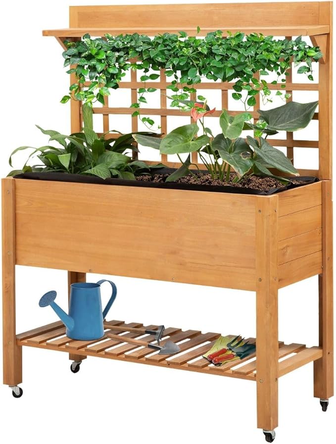 3- Shelf Premium Heavy Duty Durable Eco-Friendly Robust Solid Weatherproof Wooden Raised Garden Bed 50x26x18 54lb Dark Brown Finish